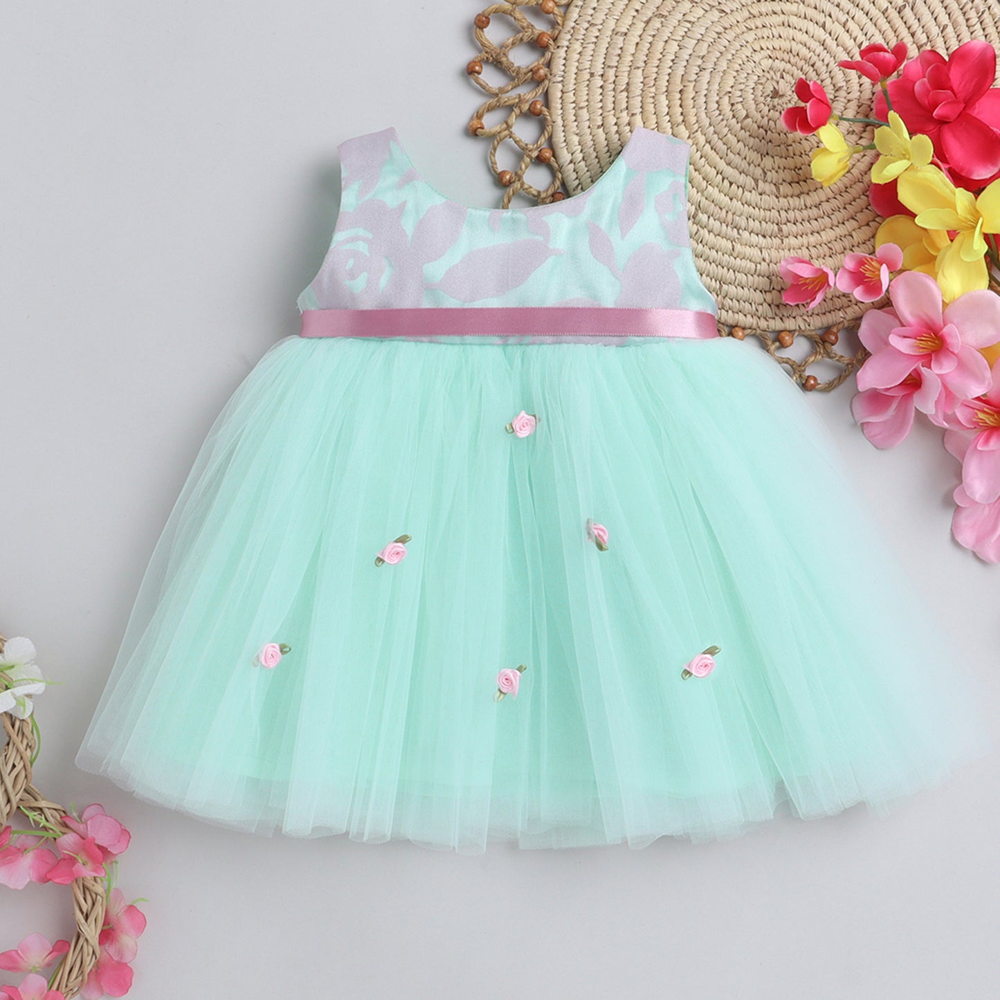 Many Frocks handmade flower embllished knee length baby party dress. Blue