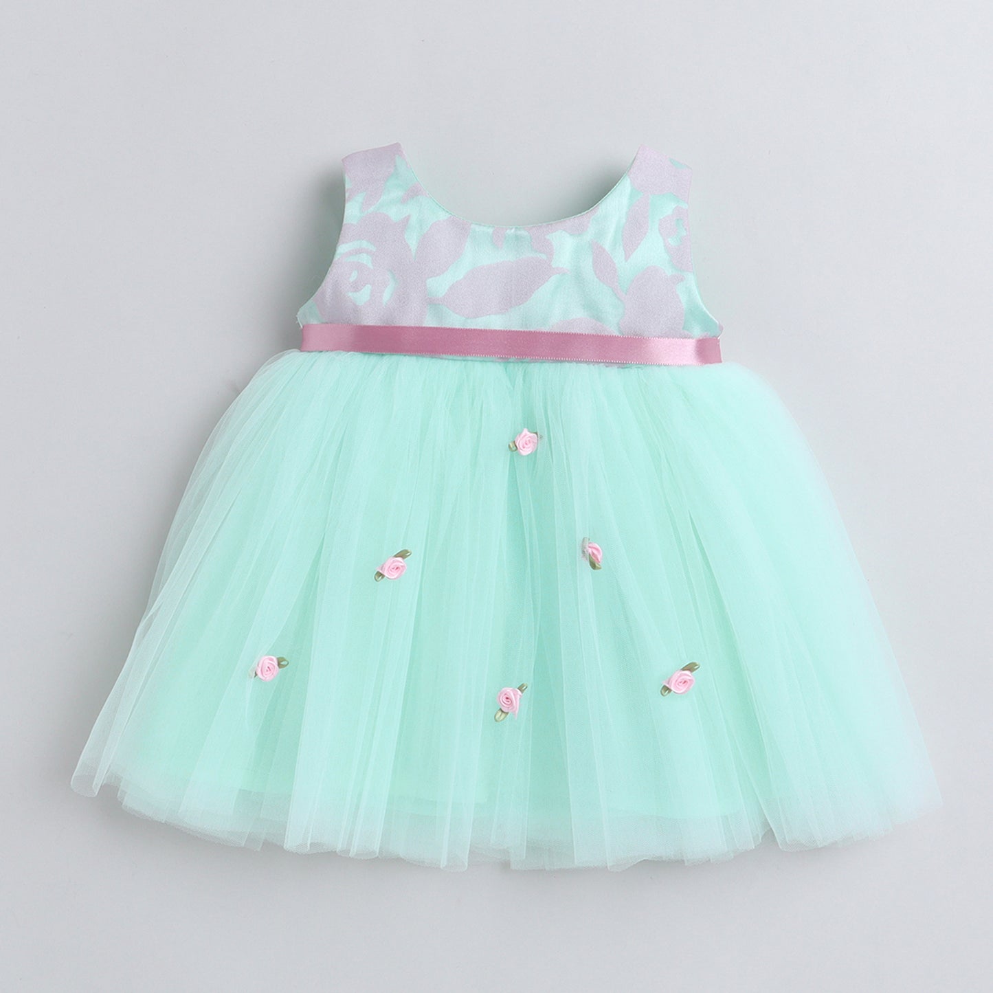 Many Frocks handmade flower embllished knee length baby party dress. Blue