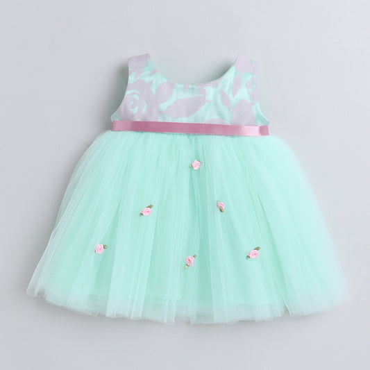 Many Frocks handmade flower embllished knee length baby party dress. Blue
