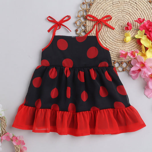 Many Frocks frilly polka dot knee length baby dress - Black/Red