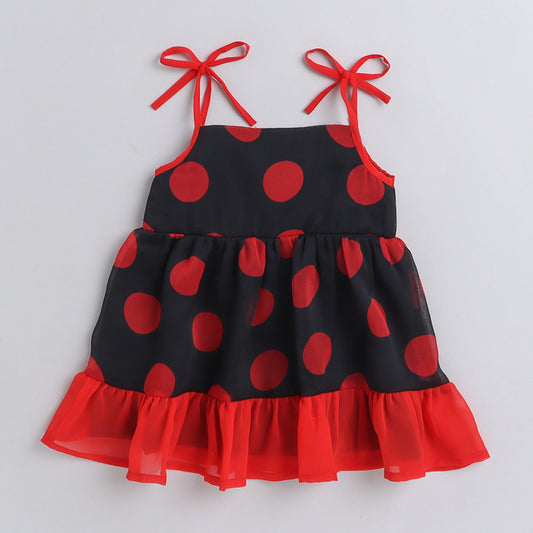 Many Frocks frilly polka dot knee length baby dress - Black/Red