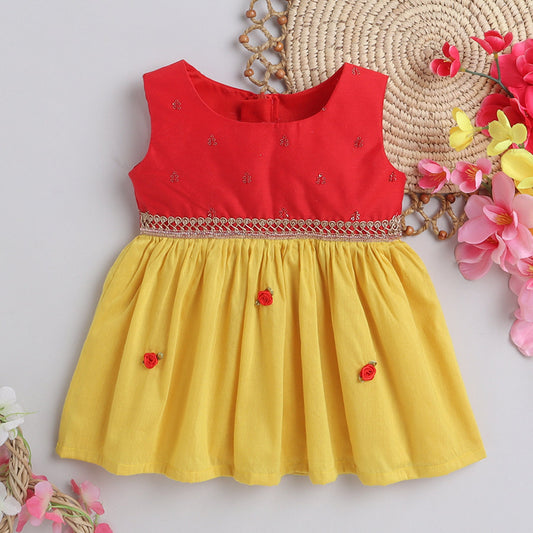 Many Frocks lace & fower embellished knee length ethnic baby dress - Yellow/Red