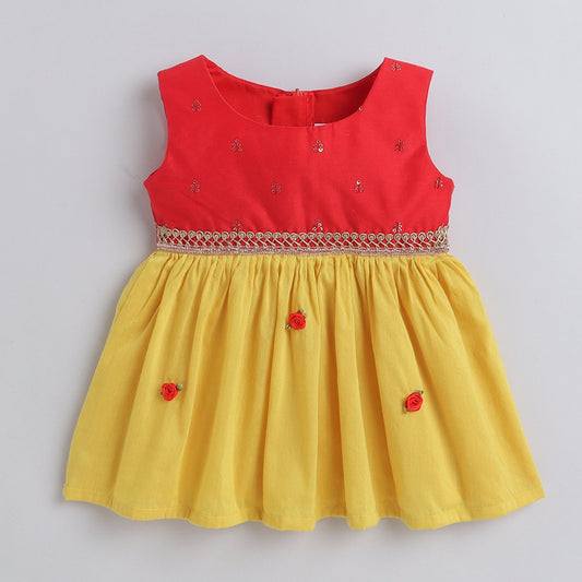 Many Frocks lace & fower embellished knee length ethnic baby dress - Yellow/Red