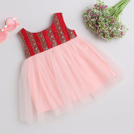 Many Frocks gold embroidered bodice and knee length baby party dress - Maroon/Pink