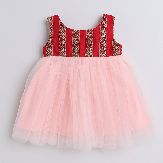 Many Frocks gold embroidered bodice and knee length baby party dress - Maroon/Pink