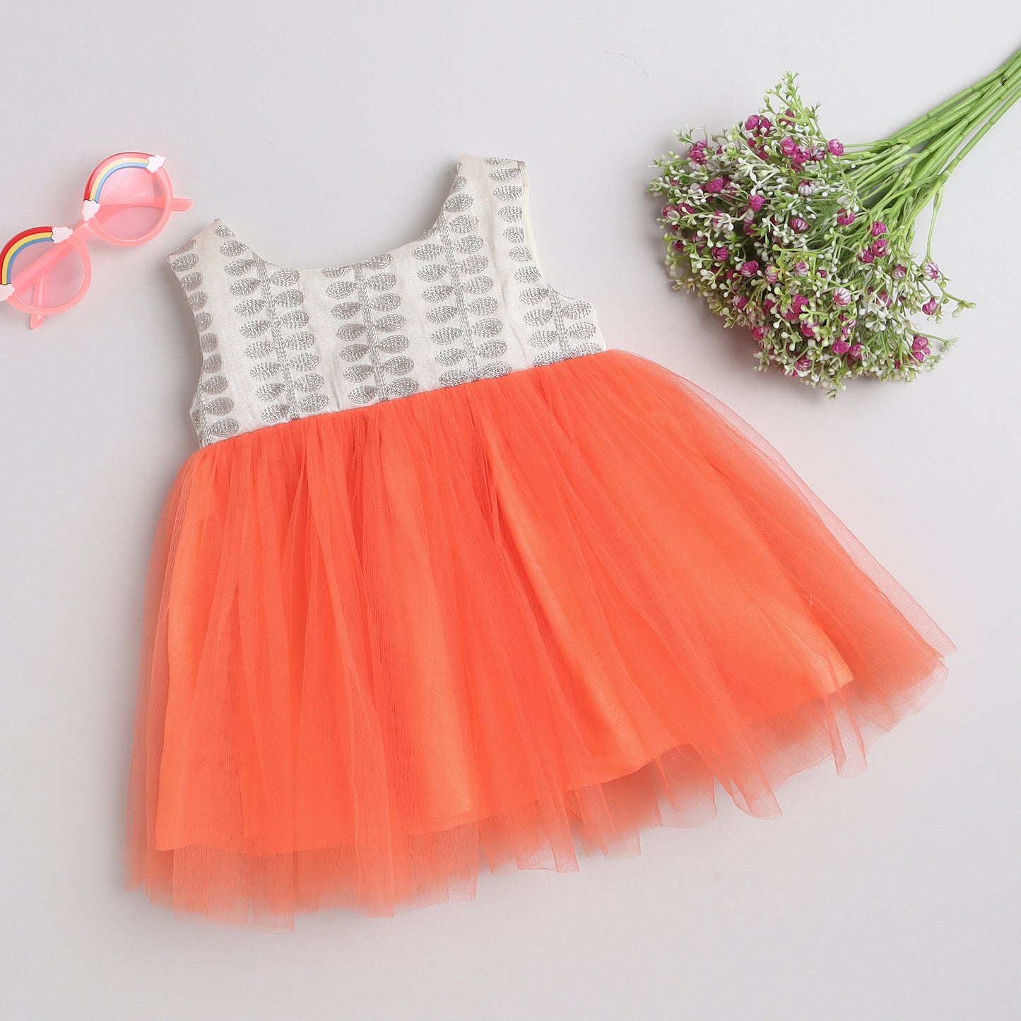 Many Frocks embroidered patterned bodice and knee length baby party dress - Orange