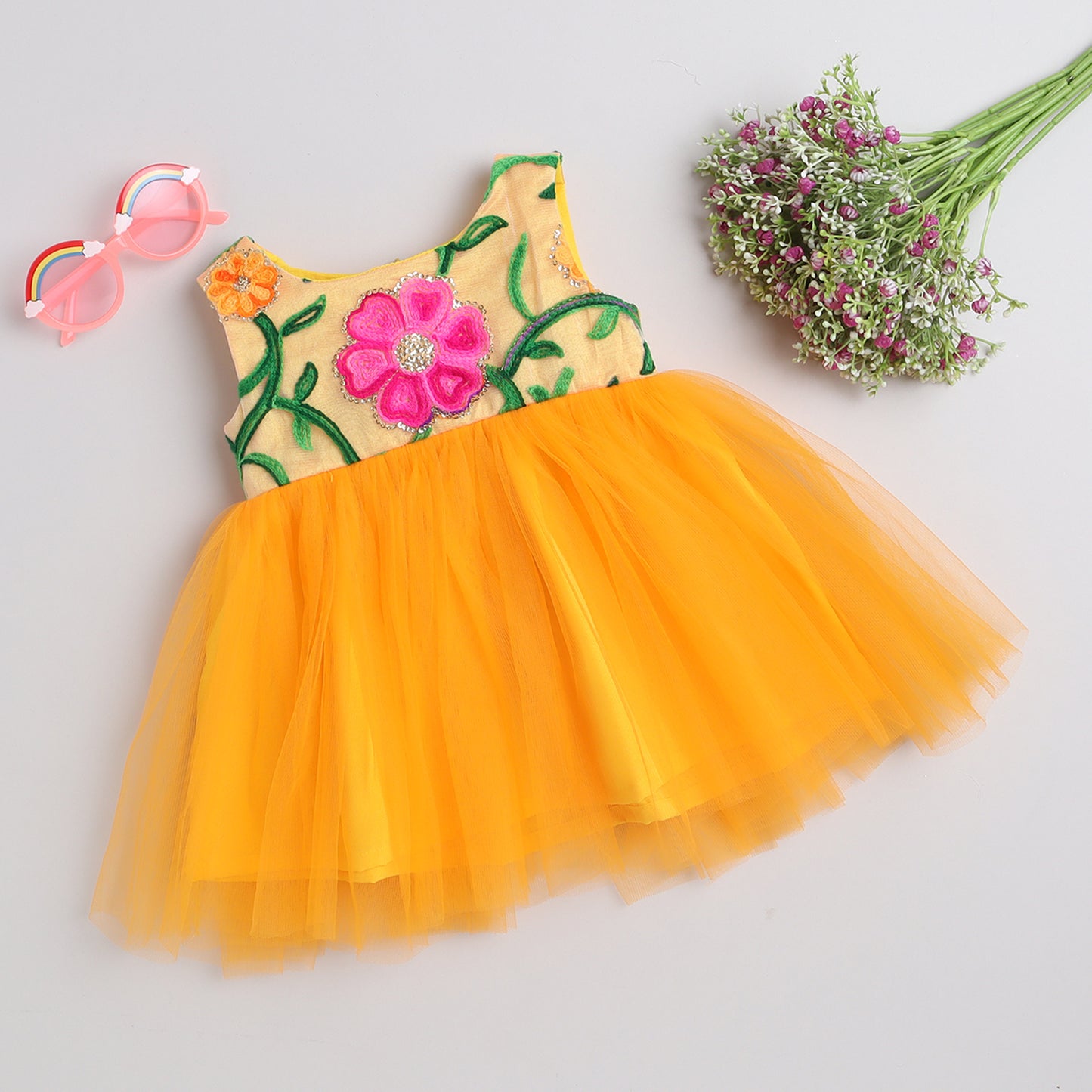 Yellow solid fit & flare dress Round neck Sleeveless