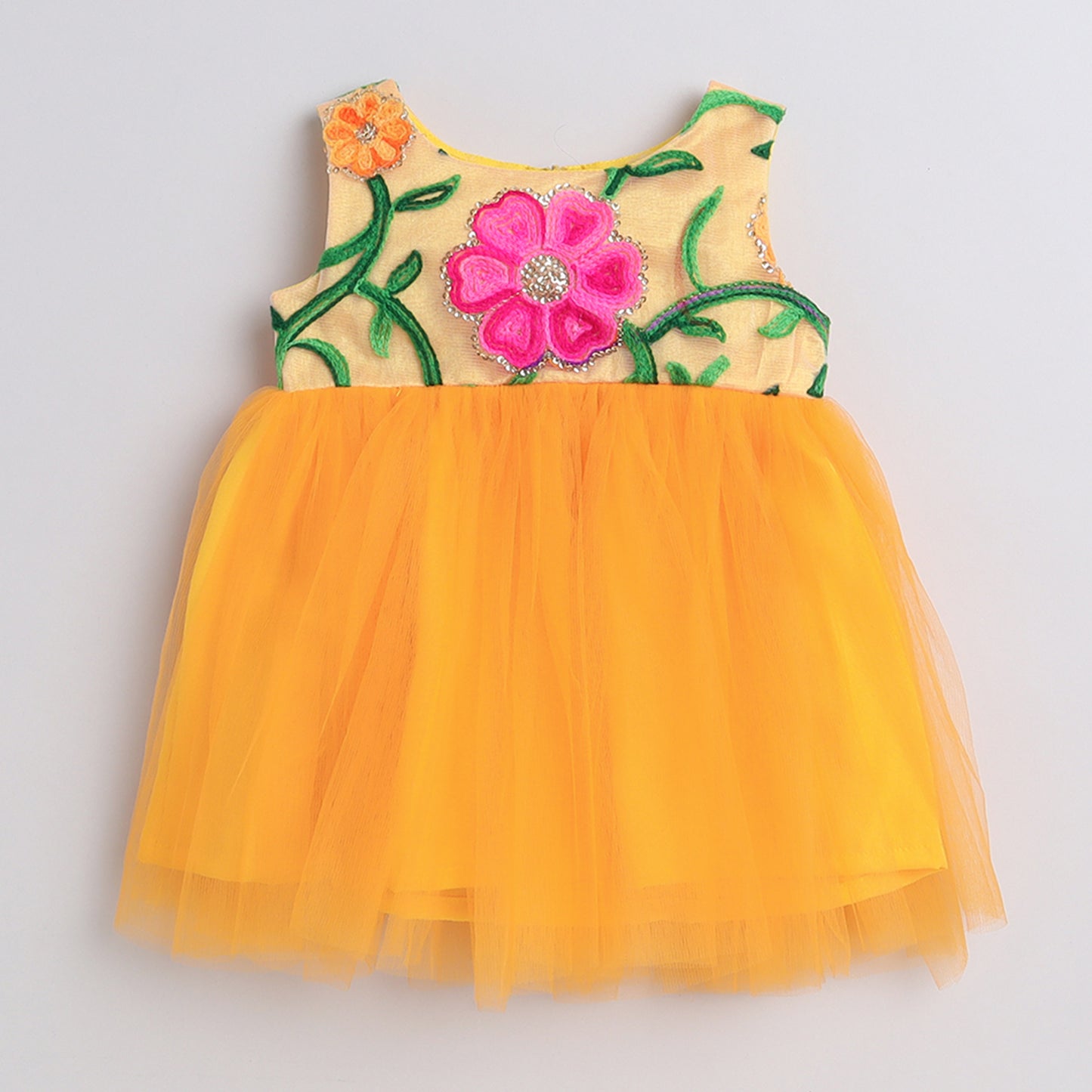 Yellow solid fit & flare dress Round neck Sleeveless
