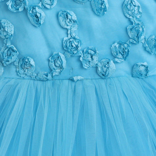 Many Frocks & Net Short Sleeve Tulle And Rose Flared Elegant Knee Length Girls Party Dress-Blue