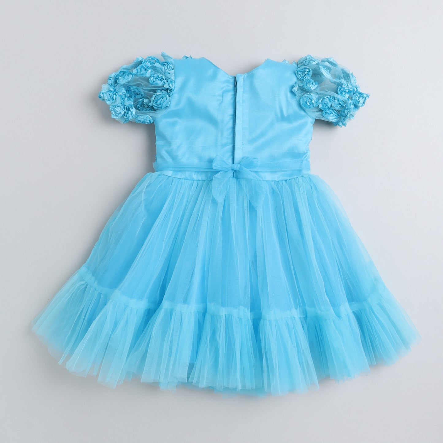Many Frocks & Net Short Sleeve Tulle And Rose Flared Elegant Knee Length Girls Party Dress-Blue