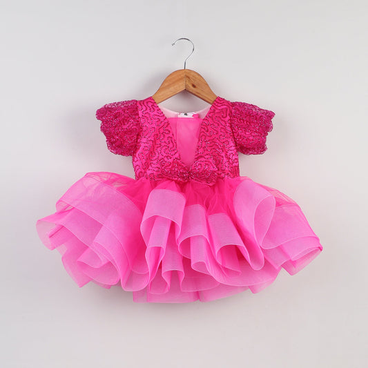 Many Frocks layered knee length girls party dress - Pink