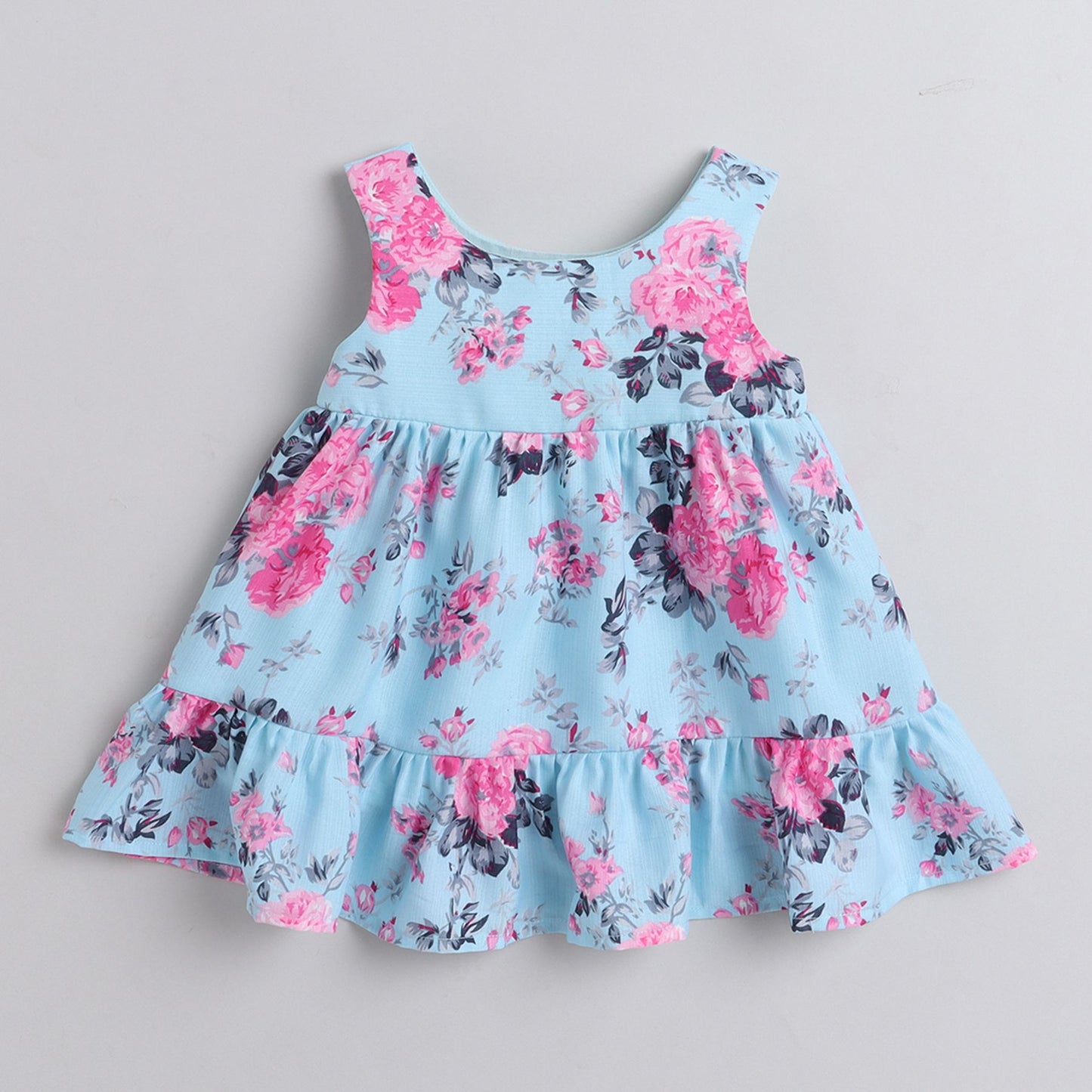 Many Frocks & Sleeveless Tiered Knee Length Floral Baby Casual Dress- Blue