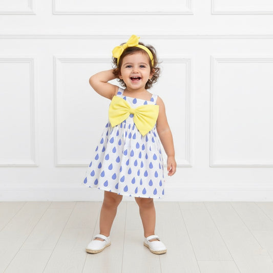 Many Frocks & Crepe Sleeveless Rain Drop Printed With Big Bow Knee Length Baby Causal Dress - White & Blue